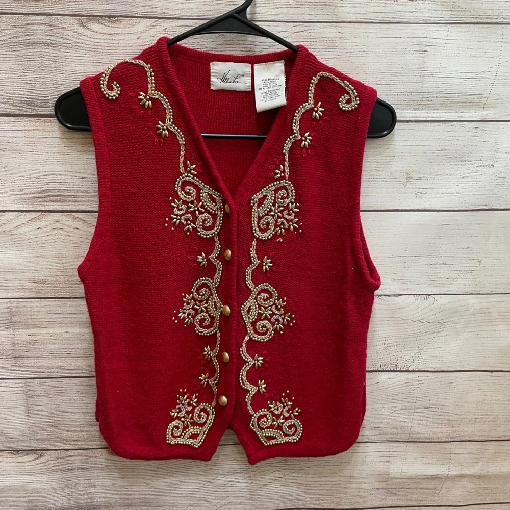 VINTAGE KATHIE LEE EMBELLISHED AND‎ EMBROIDERED RED SWEATER VEST